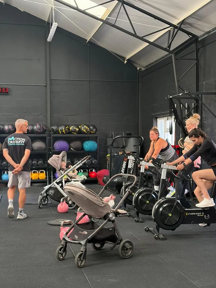 Buggy Fit at Motion CrossFit GU1, mums on the bikes with buggies beside them